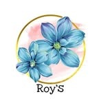 Roy's logo: blue flowers in a gold ring